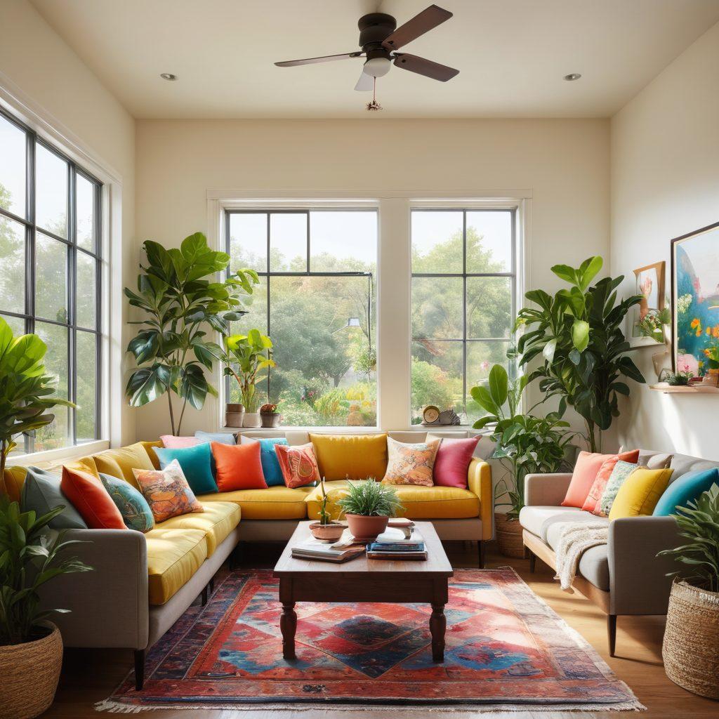 A cozy living room filled with sunlight, adorned with vibrant houseplants, colorful cushions, and cheerful artwork. A welcoming atmosphere with a warm fireplace and a comfy reading nook, where soft textures and happy colors invite relaxation. Include hints of outdoor greenery through large windows, representing tranquility and joy. super-realistic. vibrant colors. bright and cheerful.