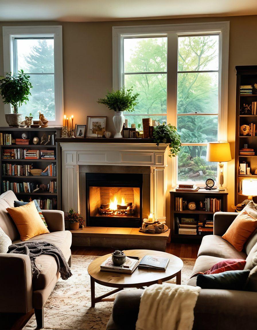 A warm and inviting family living room with a plush sofa, soft blankets, and a glowing fireplace. Include cheerful decorations and a window with sunlight streaming in, showcasing a peaceful garden. A family of four enjoying quality time together, surrounded by cozy elements like bookshelves and personal touches. super-realistic. vibrant colors. warm lighting.