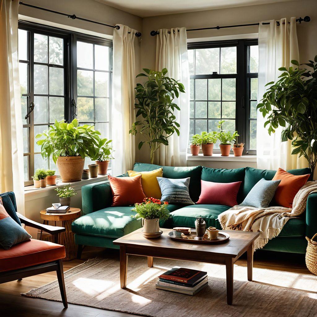 A cozy living room filled with natural light, with colorful cushions and soft throws scattered across a comfy sofa. A touch of greenery from potted plants adds life, while a cheerful wall with art and photographs exudes warmth and happiness. A steaming cup of tea on a wooden coffee table invites relaxation, and sunlight streams through sheer curtains. Incorporate a smiling family in the background, enjoying their blissful dwelling. super-realistic. vibrant colors. warm lighting.